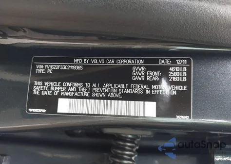 2012 Volvo S60 T5 from USA, damaged, VIN YV1622FS3C2119365